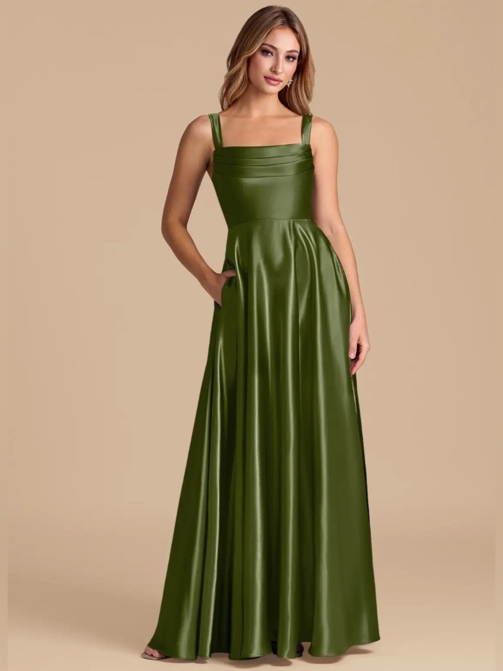 Azazie Shaude Metallic Satin Dress in Olive Green